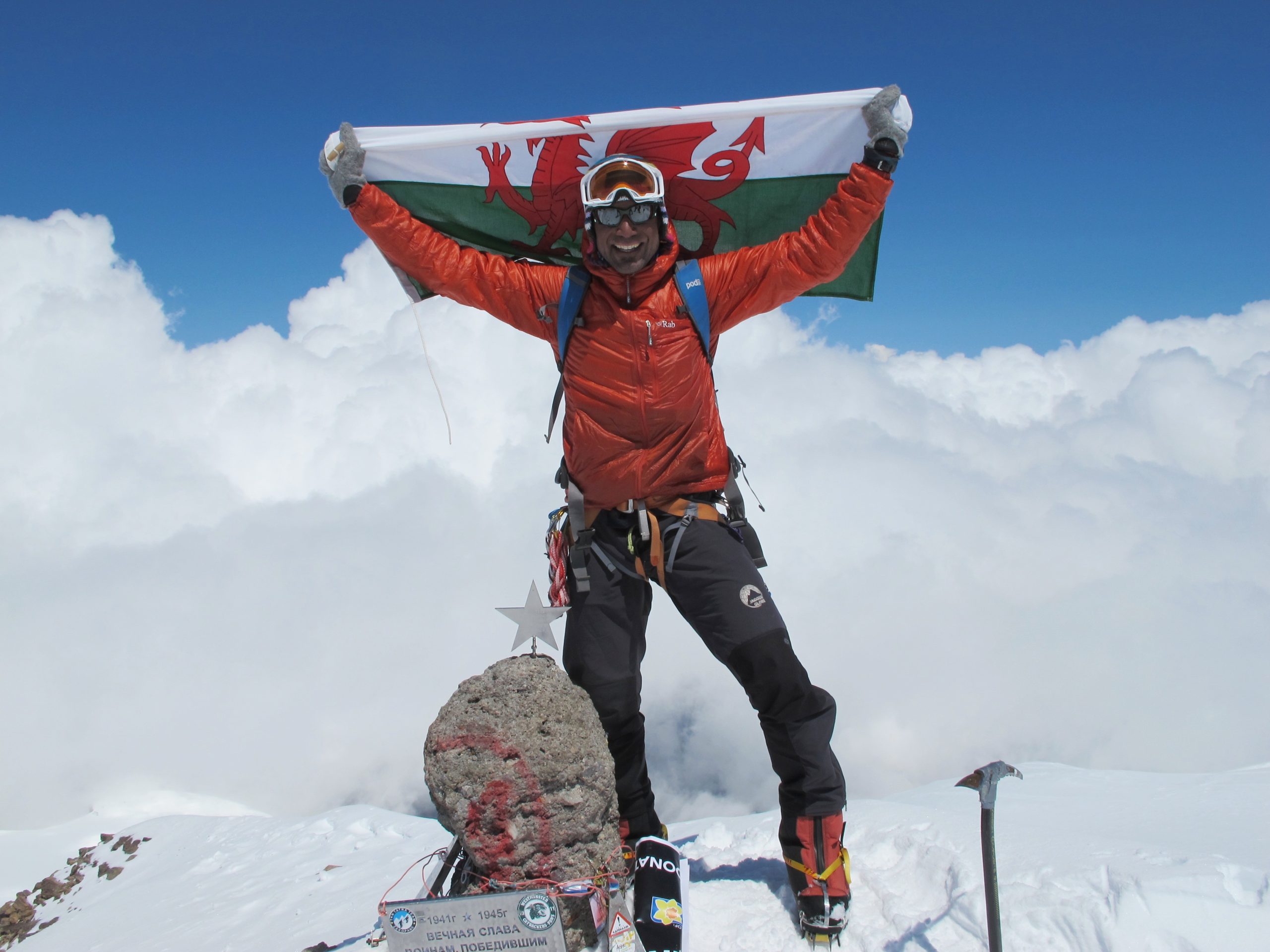 © Richard Parks The adventurer and former Wales rugby international player, Richard Parks, reaching the Mount Elbrus summit.